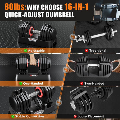 160Lb(80Lbs*2) Adjustable Dumbbells Set,16 in 1 Quick-Select 5-80Lbs Weight Adjustable Dumbbells for Full Body Home Workout