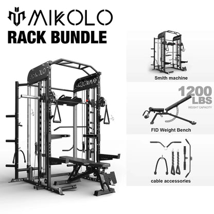 Smith Machine, All-In-One Power Rack Cage with Vertical Leg Press, 2000LBS Power Cage Squat Rack with Smith Bar, Dual Pulley Cable Crossover System for Home Gym with Weight Bench