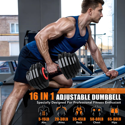 160Lb(80Lbs*2) Adjustable Dumbbells Set,16 in 1 Quick-Select 5-80Lbs Weight Adjustable Dumbbells for Full Body Home Workout