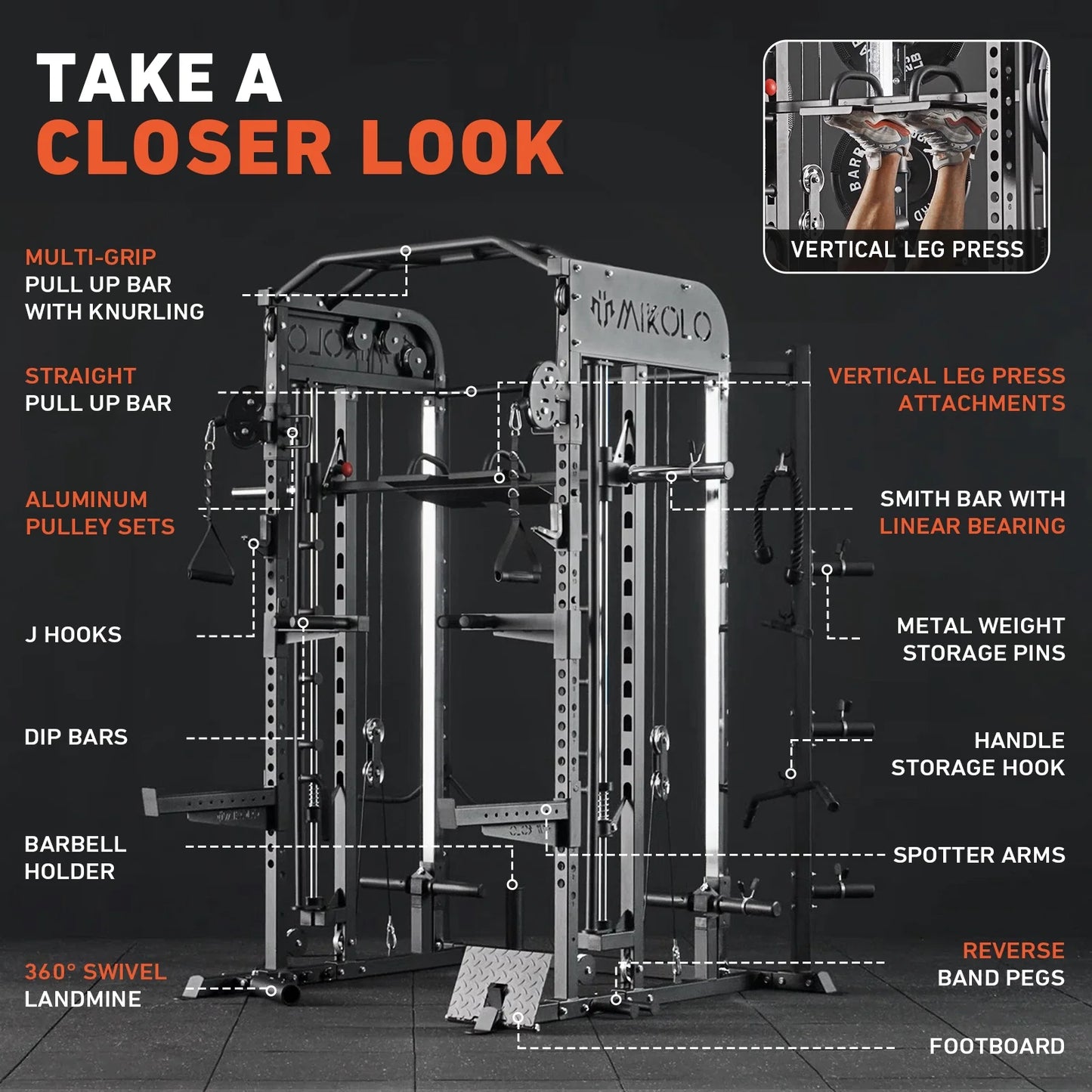 Smith Machine, All-In-One Power Rack Cage with Vertical Leg Press, 2000LBS Power Cage Squat Rack with Smith Bar, Dual Pulley Cable Crossover System for Home Gym with Weight Bench