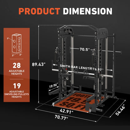 Smith Machine, All-In-One Power Rack Cage with Vertical Leg Press, 2000LBS Power Cage Squat Rack with Smith Bar, Dual Pulley Cable Crossover System for Home Gym with Weight Bench