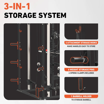 Smith Machine, All-In-One Power Rack Cage with Vertical Leg Press, 2000LBS Power Cage Squat Rack with Smith Bar, Dual Pulley Cable Crossover System for Home Gym with Weight Bench